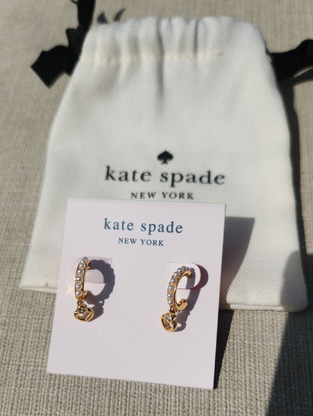Kate Spade Gold Crystal Hoop Faux Pearl Charm Earrings NWT/ POUCH